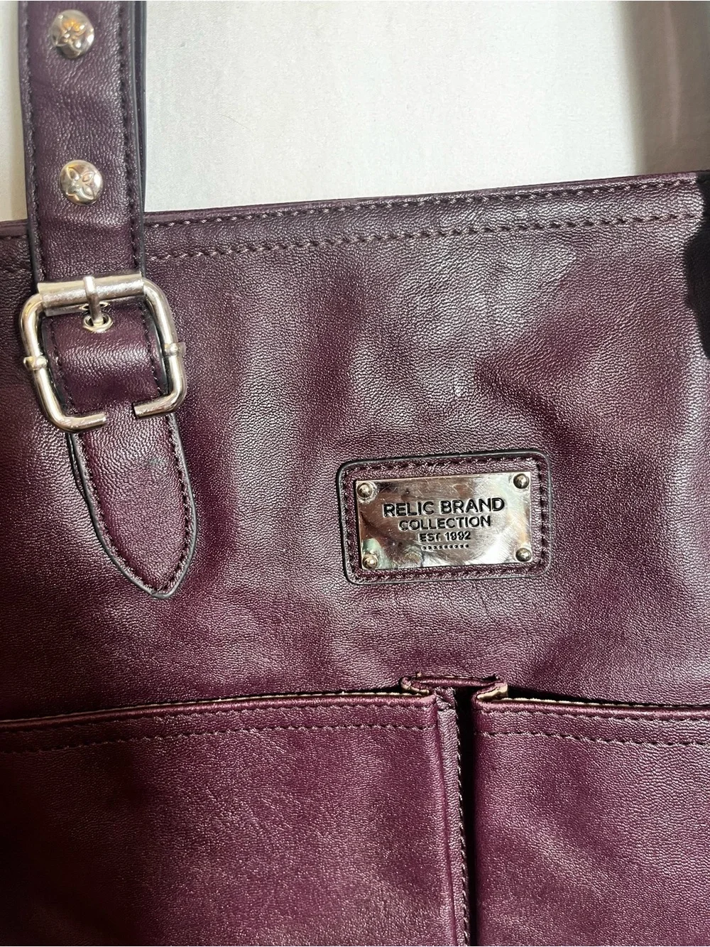 Relic Leather Tote Bag in Deep Plum with silver hardware
